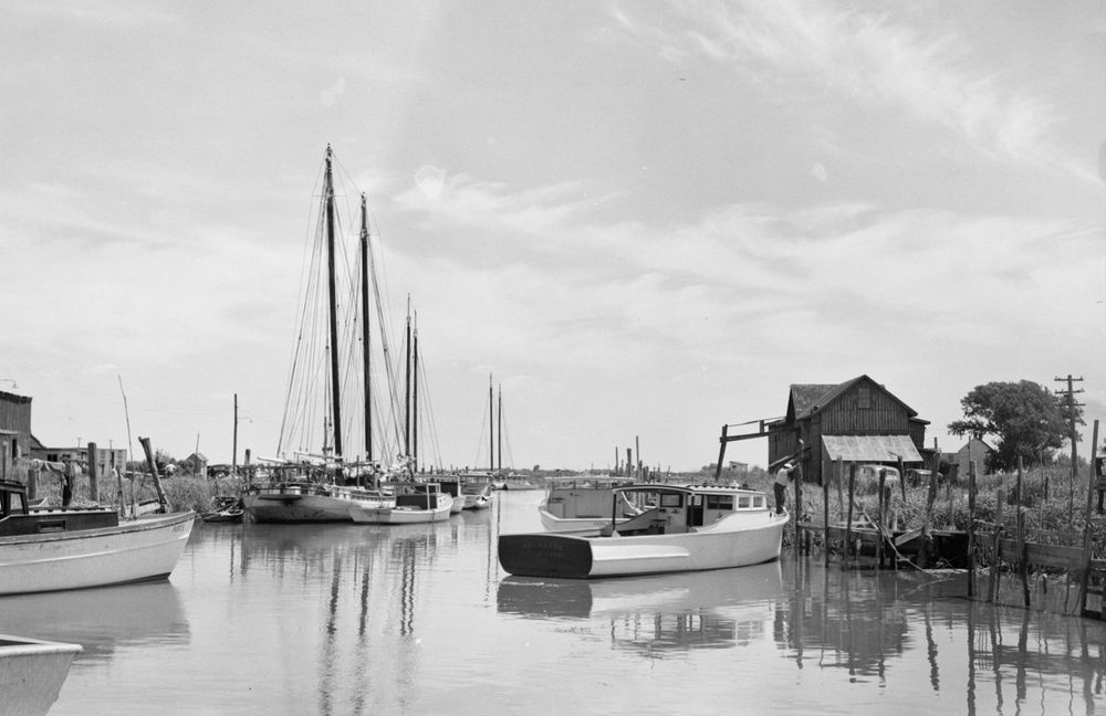 Yacht pen: John Vachon photographed a group of pleasure boats in an inlet at Little Creek, Delaware, a fishing village near the state capital of Dover. Several of the sailing vessels sport tall masts. On the right of the image, a man prepares to push his boat off from a rickety dock.