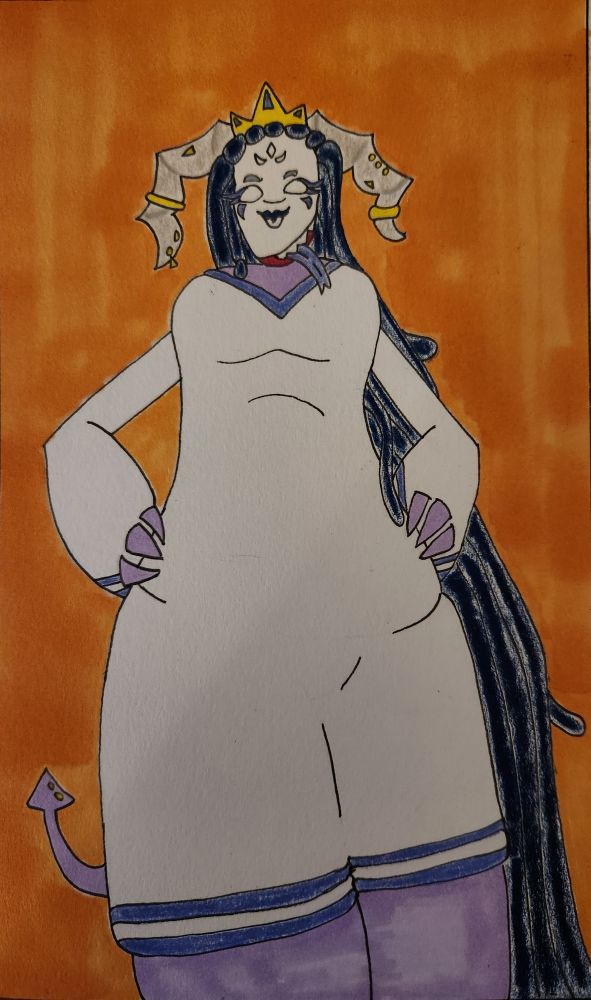 Head Mistress, a purple skinned demon-looking lady with a white mask as a face, is looking down at the viewer with her hands on her hips. Her tongue is sticking out from under her mask-like face.