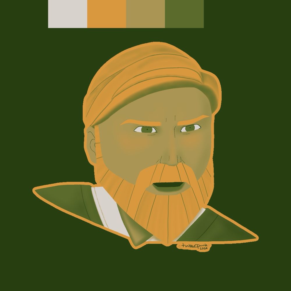 limited color palette illustration of Obi-Wan Kenobi from Star Wars, in the Clone Wars style.