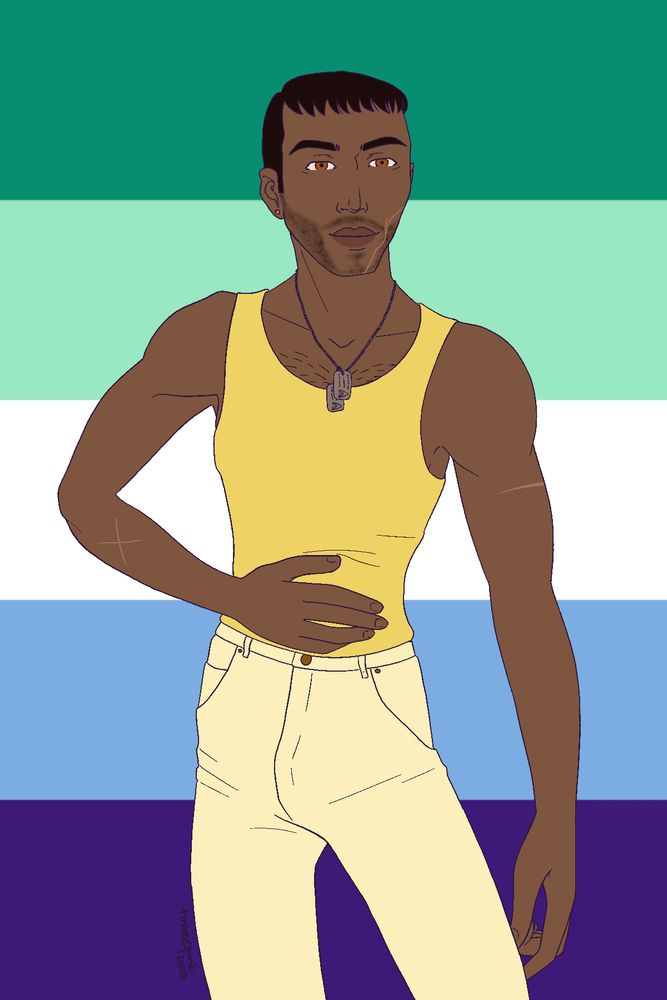 illustration of a brown skinned man with black hair, golden brown eyes, and a facial scar, standing in front of the gay/mlm pride flag. he’s wearing a yellow tank top and jeans, and looking at the viewer.