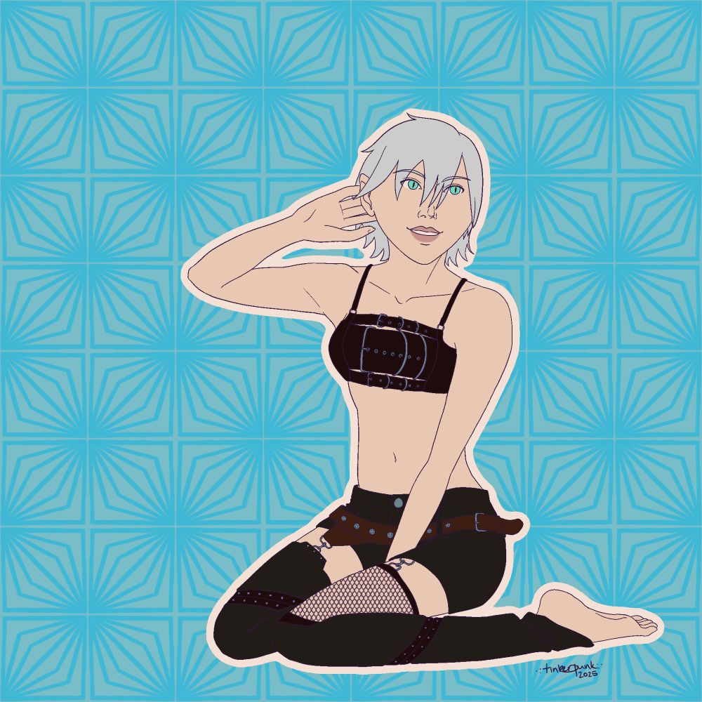 illustration of a young, smiling white woman with short, choppy silver hair and blue-green eyes with slitted pupils. she’s kneeling, and has a hand tucking hair behind her ear. she’s wearing a black belted top, black shorts with garter connectors, black footless stockings with patches and fishnet, and a loose brown belt.
