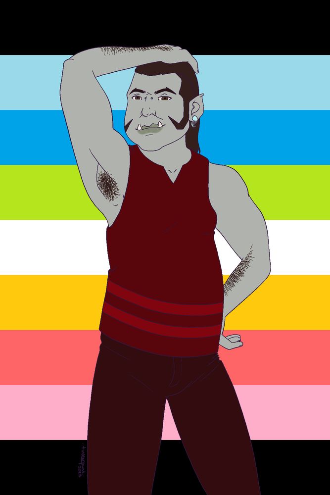 illustration of a male orc standing in front of the queer pride flag. he’s wearing a dark red tank with brighter red stripes at the bottom, and very dark pants. he has a hand on one hip and the other in his hair, and is looking at the viewer with a smirk.