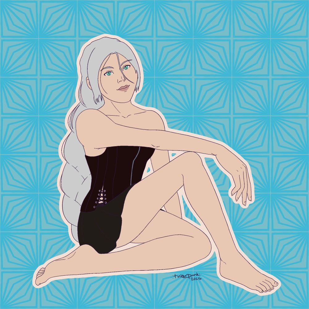 illustration of a young white woman with silver hair in a large braid and blue-green eyes with slitted pupils. she’s sitting with one leg tucked under her and the other bent, with her arm resting on her knee. she’s wearing a black zippered corset top and pleated skirt.