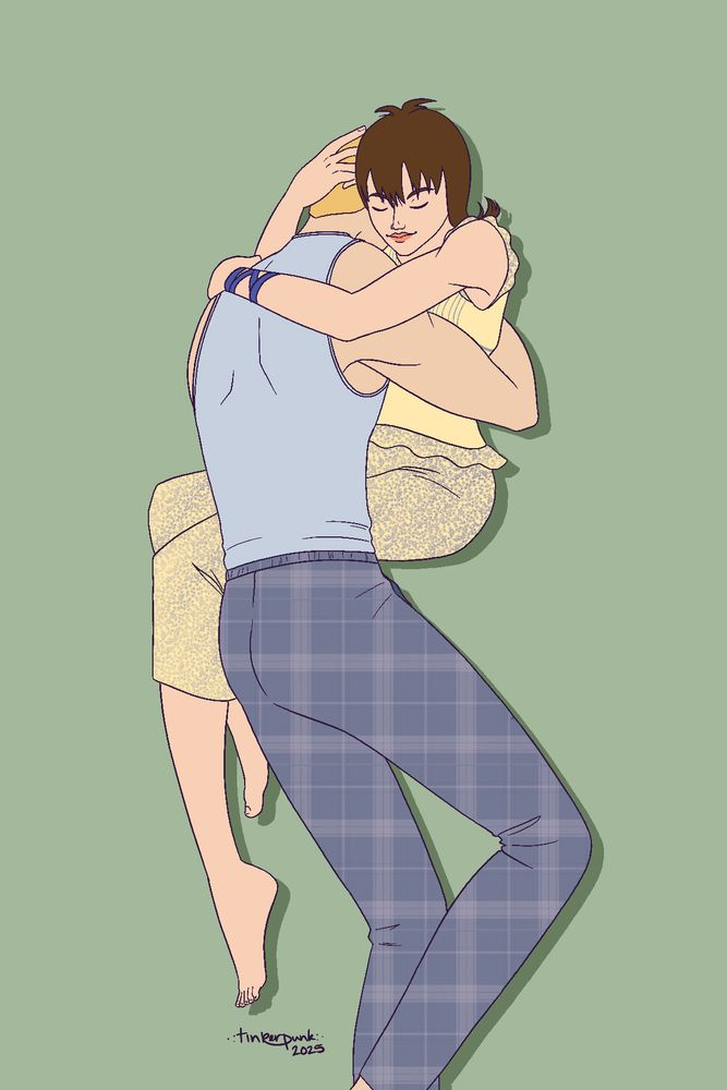 illustration of Selphie Tilmitt and Seifer Almasy from Final Fantasy 8 on a green background, cuddling. Selphie is in yellow pajamas with pale blue floral patterning, and is lying on her side with her legs bent. Seifer is wearing plaid pajama pants and a pale blue tank top, and is lying across Selphie. they have their arms wrapped around each other.