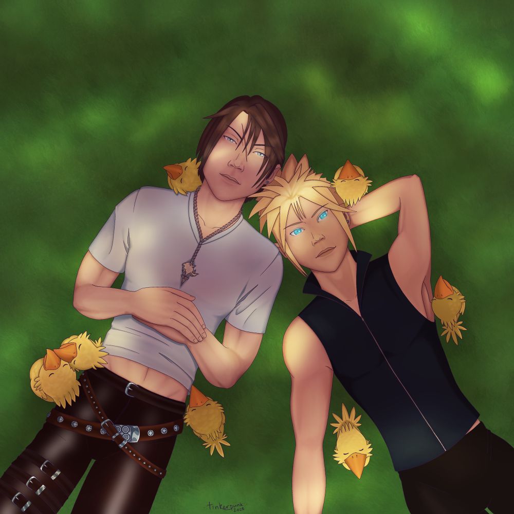 illustration of Squall Leonart from Final Fantasy 8 and Cloud Strife from Final Fantasy 7, lying in grass and looking at the sunlight coming through the trees. they are surrounded by chocobo chicks, or chicobos. 