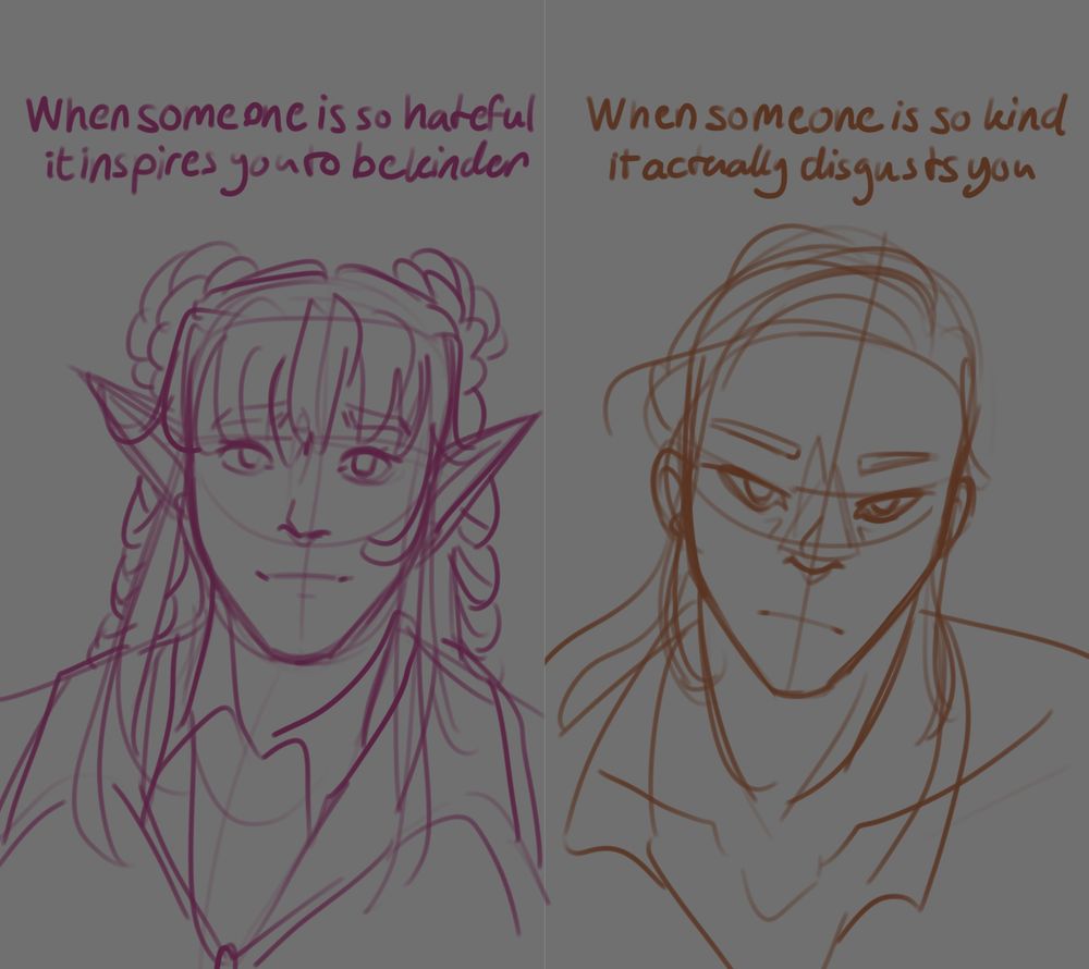 On the left the high elf cleric Caly smiles sweetly at the camera. Text above her head reads “when someone is so hateful it inspires you to be kinder”
On the right the aasimar fighter Lilith glares at the camera. Text above her head reads “when someone is so kind it actually disgusts you”