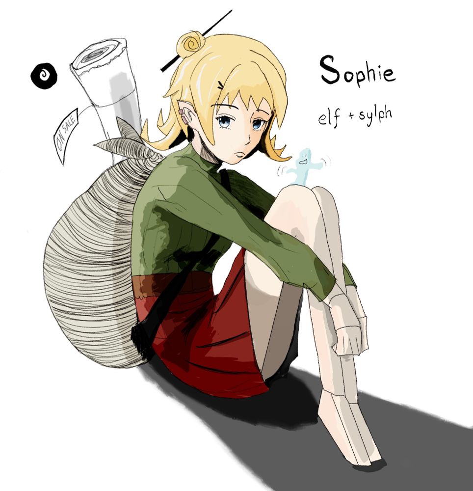 Blonde elf girl sitting down with her dungeoneering gear.