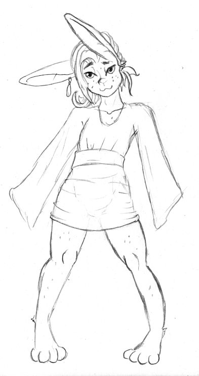 The same androgynous bunny boy in a different dress, looking confident. It's still scandalously short, but it has interesting long sleeves and he looks more confident.