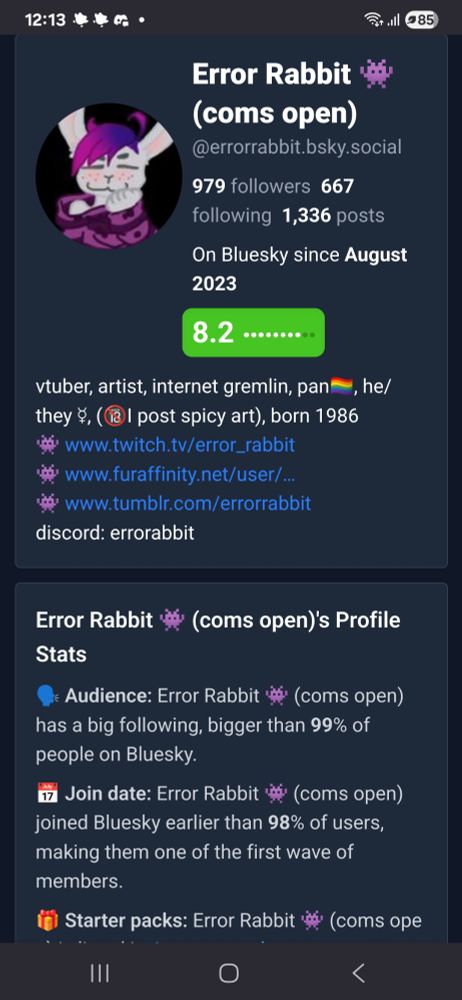 Screenshot of a result of bluefacts.app analysis of my bsky account. It gave me an 8.2 rating and says I have a big following, bigger than 99% of peoplenon bsky