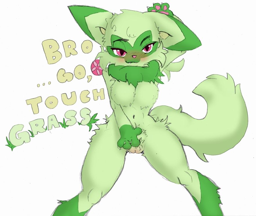 A humanoid grass pokemon, somewhere between Floragato and Sprigatito, touching her fuzzy bush and looking extremely smug and a little challenging. There's text saying "Bro ... go touch grass "