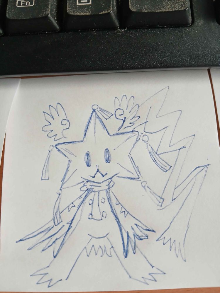 A strange creature with a vacant stare and a star-shaped hat. It has little wings and and a flowing scarf.