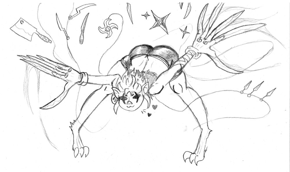 A strange humanoid, bent almost impossibly forward with her arms outstretched and enormous clawd gloves. She is somehow unleashing a bunch of bladed weapons attached to nearly invisible thread. She seems very happy to eviscerate the viewer in the next 10 seconds. Little hearts bubble out of her smiling face. 