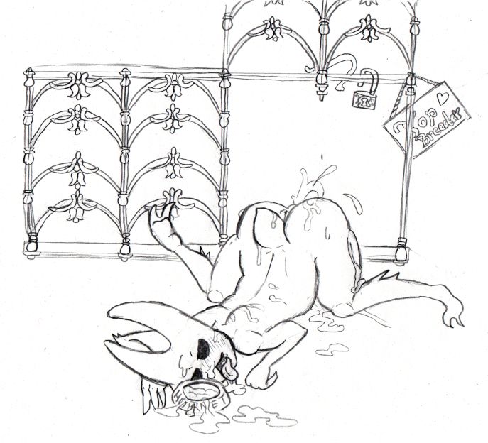 An exhausted and overstimulated Hornet in front of what seems to be her kennel. Face down, ass up, Roach-seed is still splurting from her behind and it looks like her personalized doggy bowl is filled with the same. She does look blissed out though.