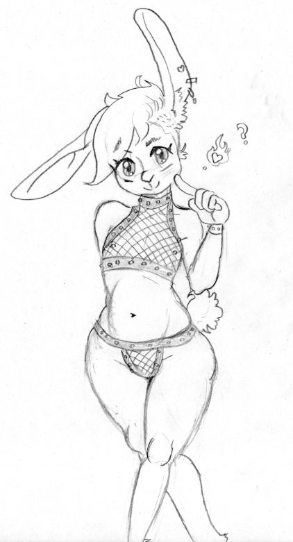 Error Rabbit is posing in the fishnet top and panties from the meme. Usually, they have male bits, but it's questionable where they could hide them in this extremely revealing outfit. They smile and look up at the viewer with their head tilted forward, index finger on their cheek.