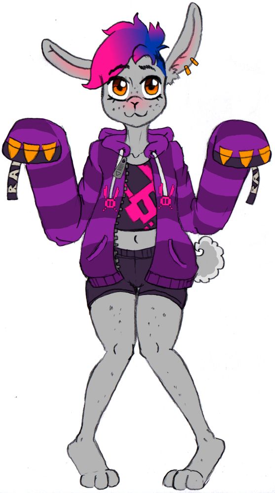 Adorable bunny gremlin "Error Rabbit" standing with his spandex tanktop and shorts and his big floppy purple striped hoodie. 
