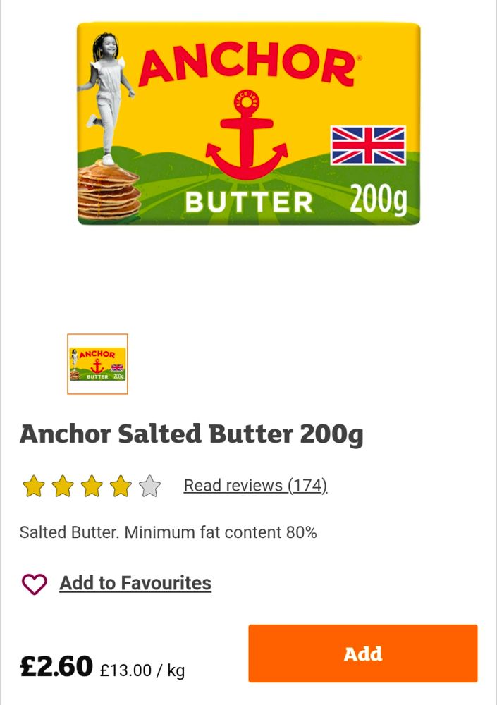 UK Anchor salted butter priced at £13/kg or NZ $29/kg