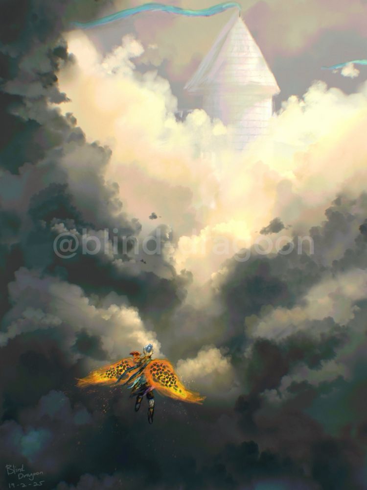 An earth genasi flies through clouds with wings of molten rock. A castle peers over the cloud tops, its banners rippling in the wind