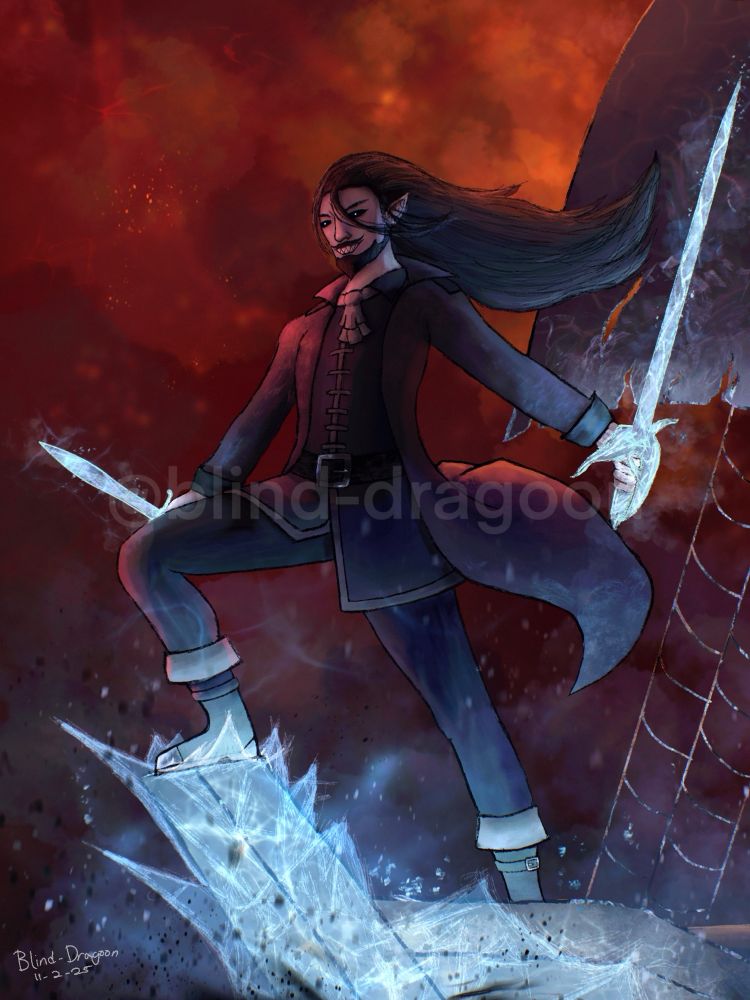 A pale man with black hair and a flowing coat, stands at the front of a pirate ship. He holds two icy swords, ready for battle.