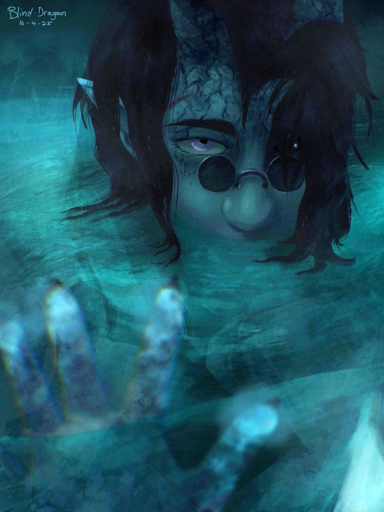 A grey-skinned man with dark hair and horns is submerged up to the nose in water. His fingertips are covered in ice as he presses them to the glass in front of him. 