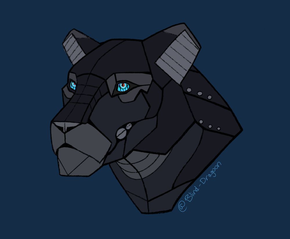 Image shows a headshot of a mechanical panther with bright blue eyes 