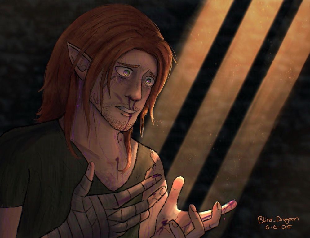 A half-elf man with fair, freckled skin and long, ginger hair stares down at his hands with a terrified expression. Dark blood with a purple sheen trickles from his nose, dripping from his chin. Drops of the same blood dot his hands, some trickling from his left index finger. Streaks of torchlight shine in from the top right, illuminating his bloodied hands. 