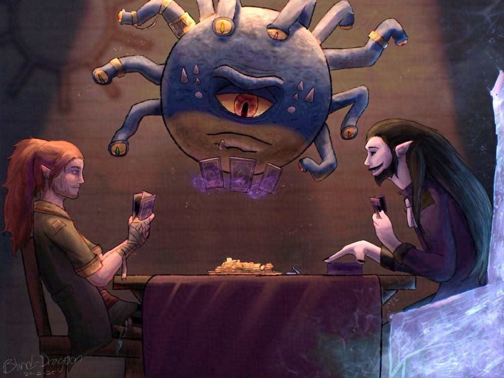 Three figures surround a table: a red-haired half elf, a blue and yellow beholder and a pale, black-haired man. They are playing cards, a pile of gold resting in the middle of the table