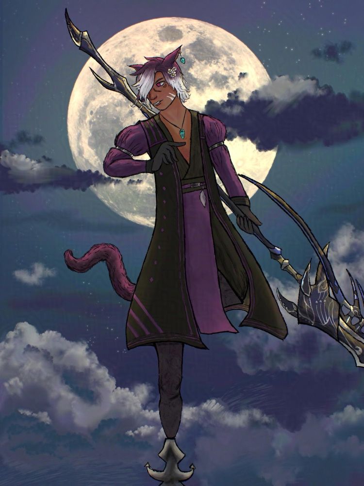 A brown skinned man with purple and white hair and pink eyes stands atop a spire clutching an ornate spear in one hand. He has purple cat ears and a fluffy purple tail. He wears a flowing black coat with purple stripes. Behind him, a full moon shines from behind dark clouds. 