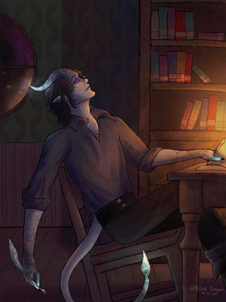 A man with grey skin, horns and a tail leans back in a wooden chair, staring at the ceiling. He holds a feather quill in his draped hand, the other clutching a sheet of parchment. 