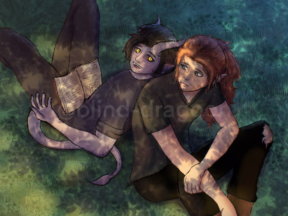 A grey tiefling with dark hair sits back to back with a red-haired, fair-skinned half elf. The tiefling is reading a book while the half elf listens intently. They sit under a tree, shaded from the summer sun.