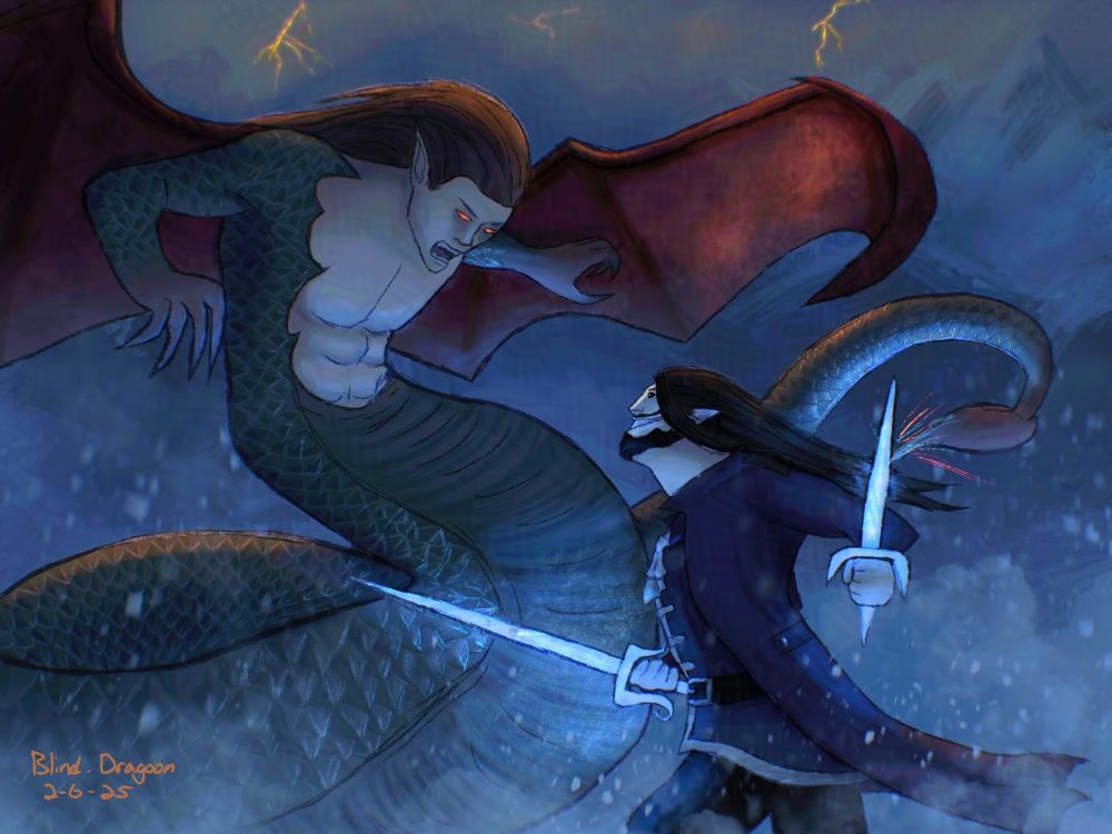A dark-haired man in purple battles a man with a snake’s body and two bat-like wings. They fight in a snowy tundra, orange lightning flashing in the distance. 