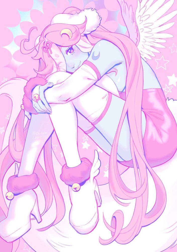 an overwhelmingly pink and white illustration of pinkyune's vtuber, seated with her head and arms resting on her knees, glancing up towards the viewer.