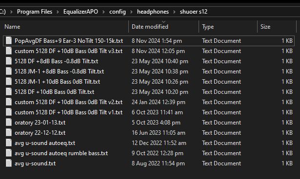a picture of Windows File Explorer displaying 13 headphone frequency response compensation equalizer preset text files