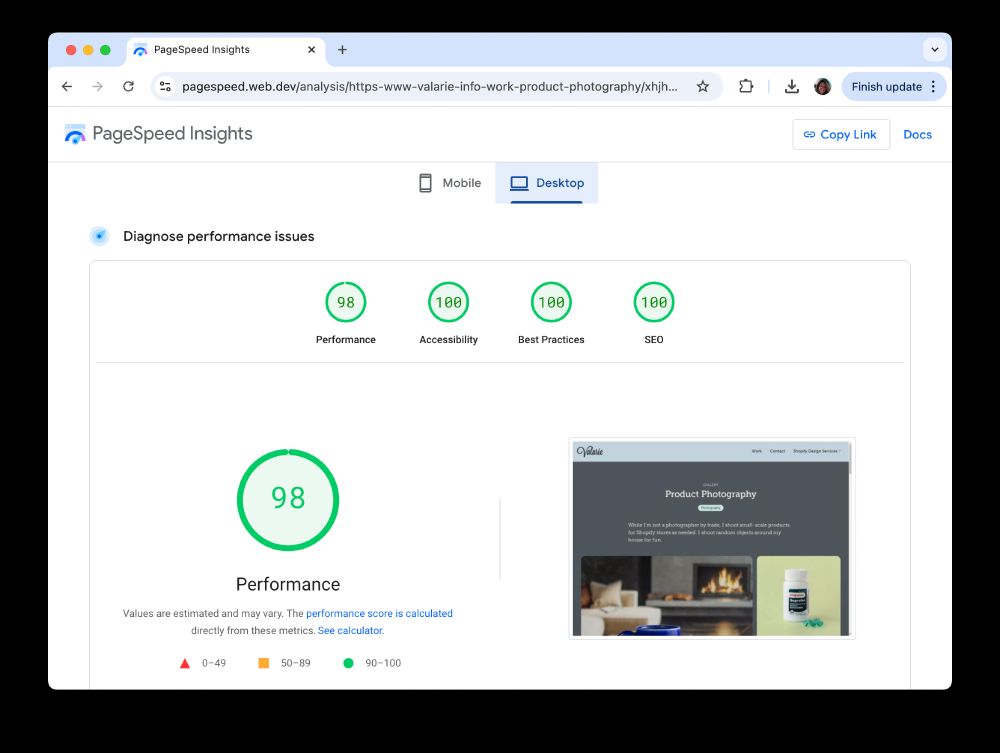 Screenshot of a PageScreen Insights report showing the following scores for Desktop: Performance 98, Accessibility 100, Best Practices 100, SEO 100.