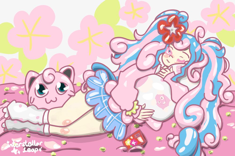 A stylized drawing of project voltage fairy type trainer Hatsune Miku laying on a bed. 