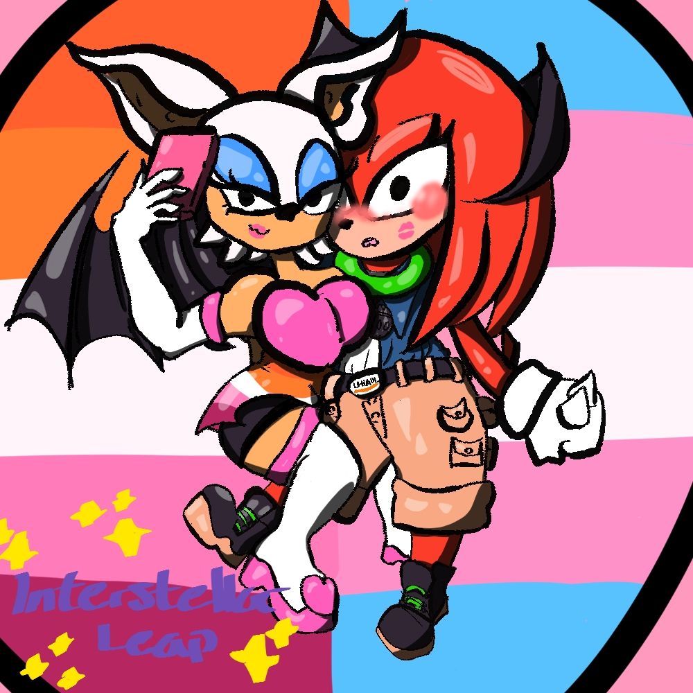 A stylized drawing of lesbian rouge the bat and trans lesbian knuckles the echidna taking a selfie together. Rouge is smiling smugly at the camera while knuckles is startled and blushing. Knuckles has a pink lipstick mark on her face, which is the same shade as rouge's lipstick. 