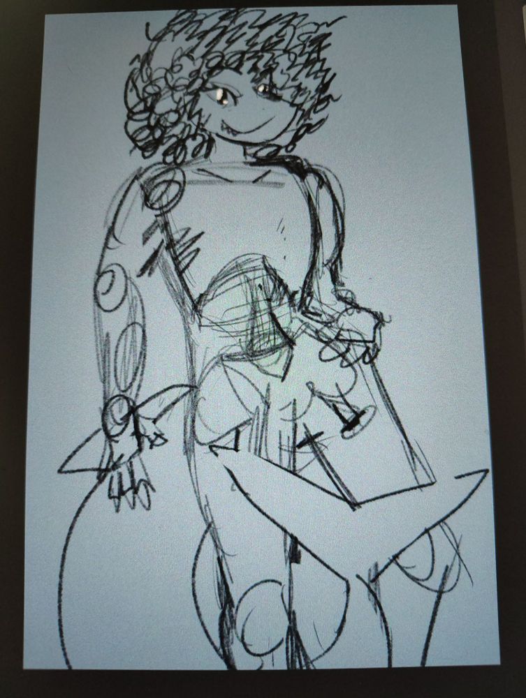 Basic sketch of a shark anthro. He has natural, long, Black hair and a pointy shark tail. 