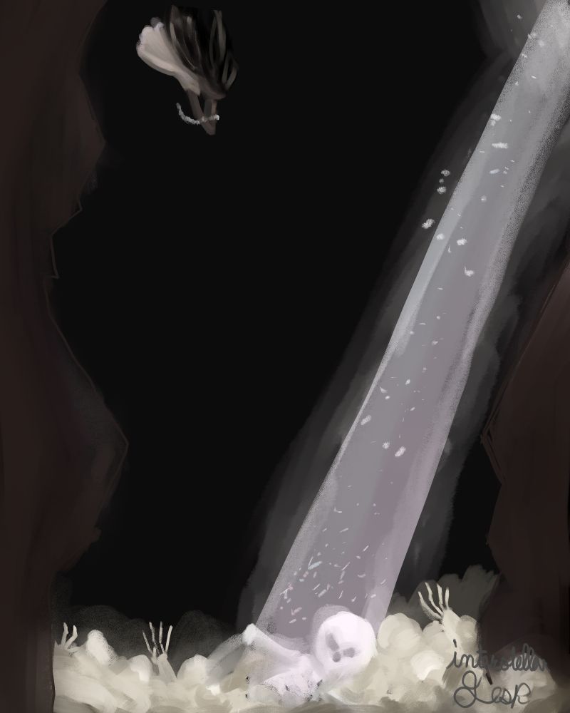 A digital painting stylized in a way to make it look like gouache paint. It features a relatively nondescript person diving into a sea of bones. There is a light coming from the far right corner of the abyss, shining on one skeleton in particular. There are dust particles in the light beam. 