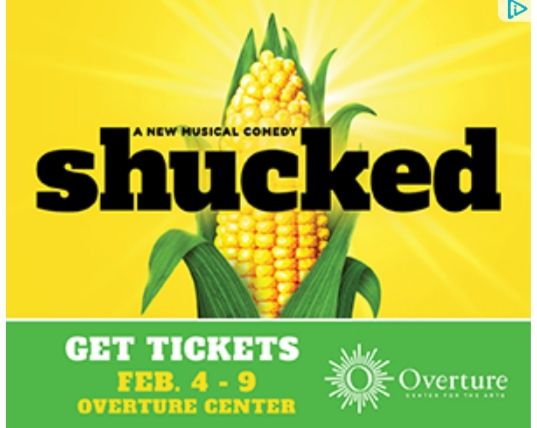 Ad/promotional poster for a new musical comedy "Shucked" featuring a cob of corn