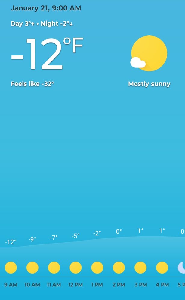Screenshot of weather app showing it's -12° F with a feels like wind-chill of -32°