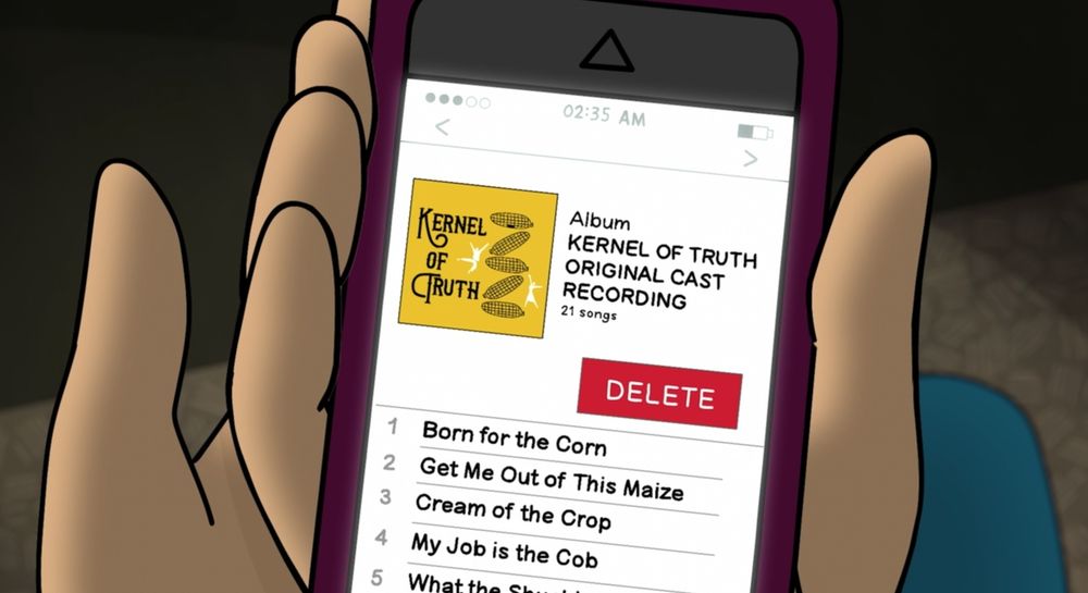 Screenshot from Bojack Horseman featuring a phone displaying the original cast recording soundtrack for the musical "kernel of truth"