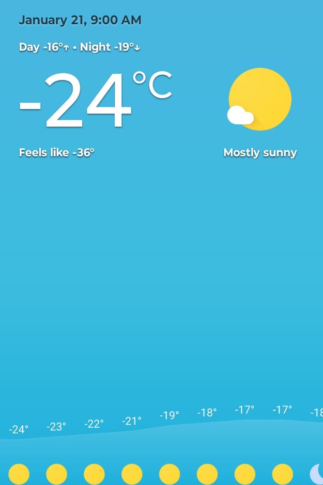 Screenshot of weather app showing it's -24° C with a feels like wind-chill of -36°