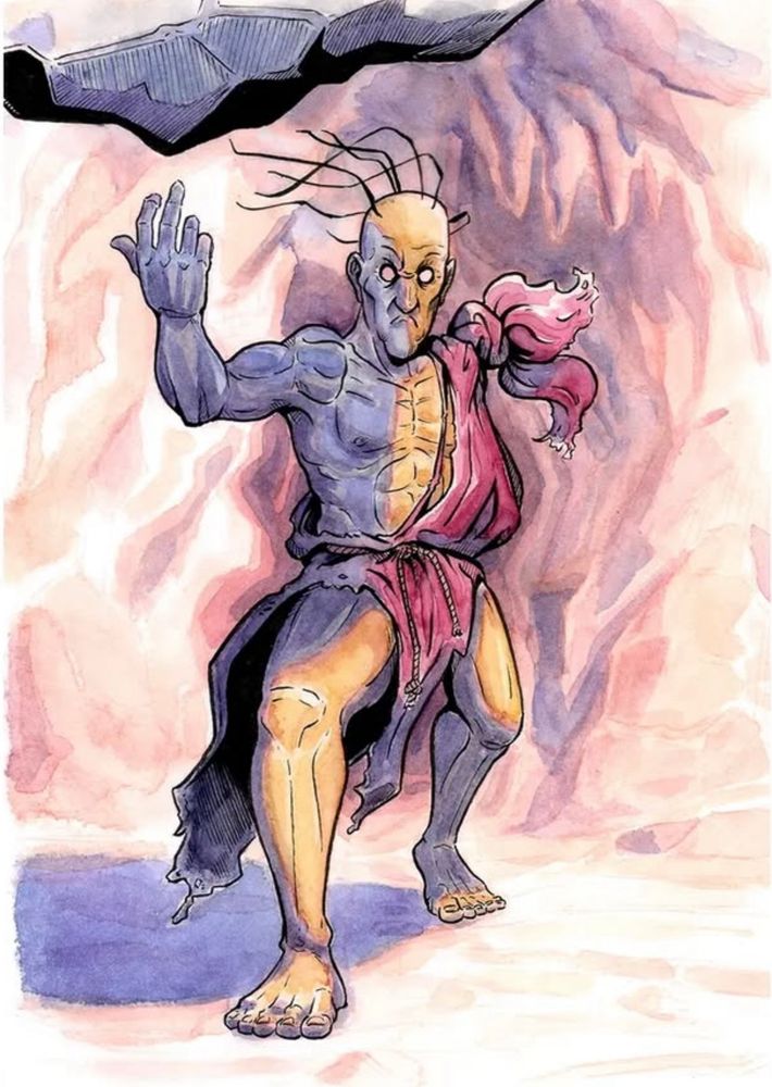 Watercolor of Oro from Street Fighter III Third Strike. He's using his power to levitate a big rock above him
2024