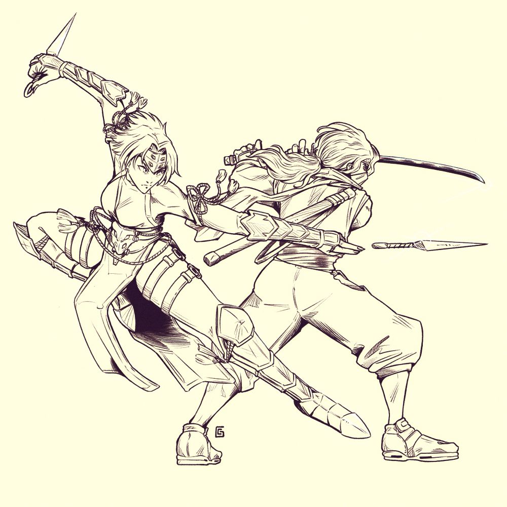 Fanart of Kumori and Kenji from the last Ninja Gaiden Ragebound. They're in combat stance. black and white version