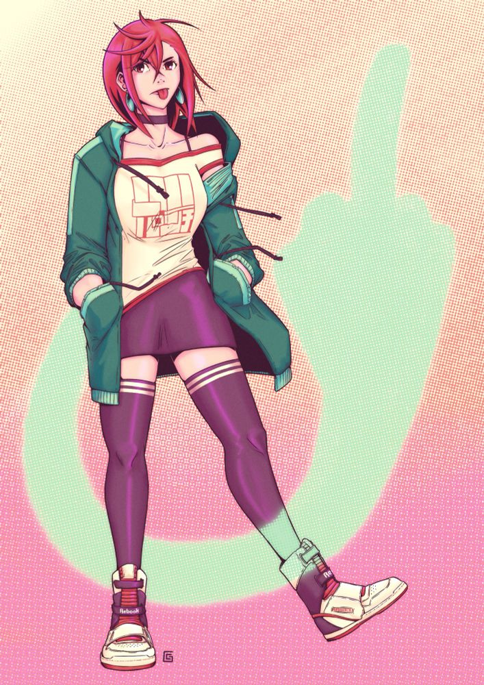 Digital drawing of Momo Ayase from Dandadan. She's using her power to flip a finger with her hands in her pockets! How rude