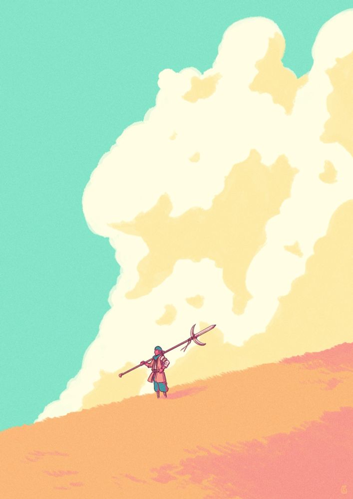 Digital drawing of a character in a orange plain, holding a lance. A big yellow cloud is on the background. The sky is light green/blue