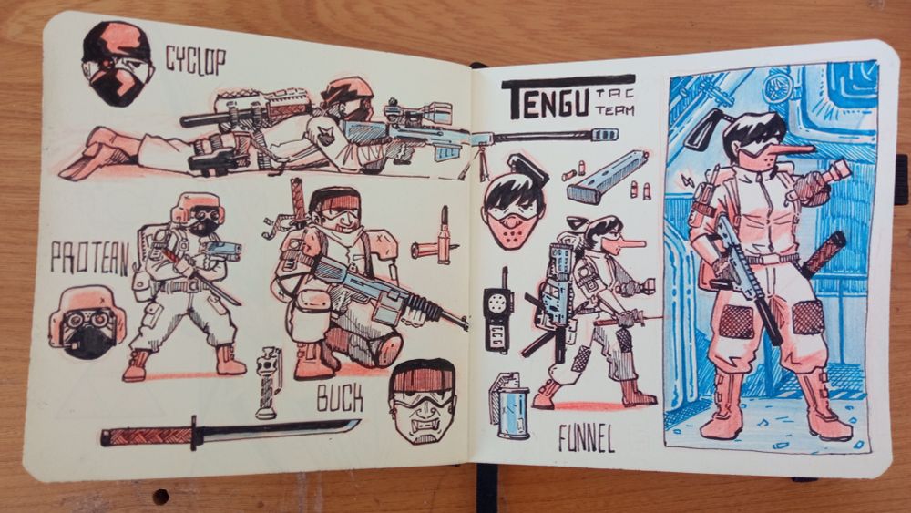 Photo of my sketchbook opened on a sketch of 4 characters with various gears. It's the "Tengu Tac Team" with Cyclop, a sniper, Protean, the medic, Buck, the enforcer, and Funnel, the leader.