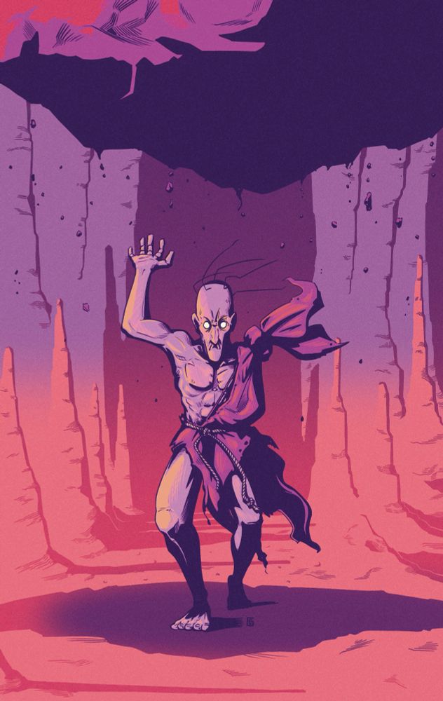 Digital drawing of Oro from Street Fighter III Third Strike. He's using his power to levitate a big rock above him
2025