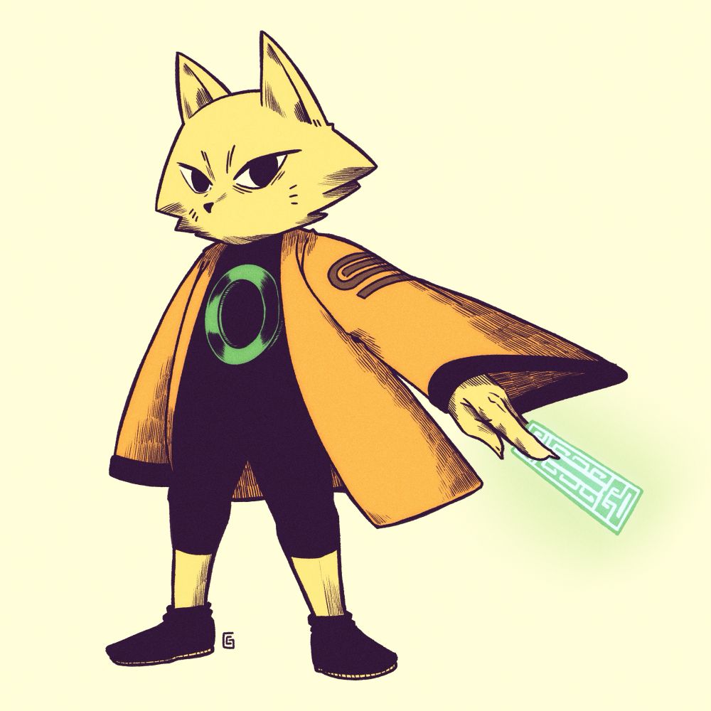 Digital drawing of Yi, the hero of the game Nine Sols, holding a talisman with his left hand.