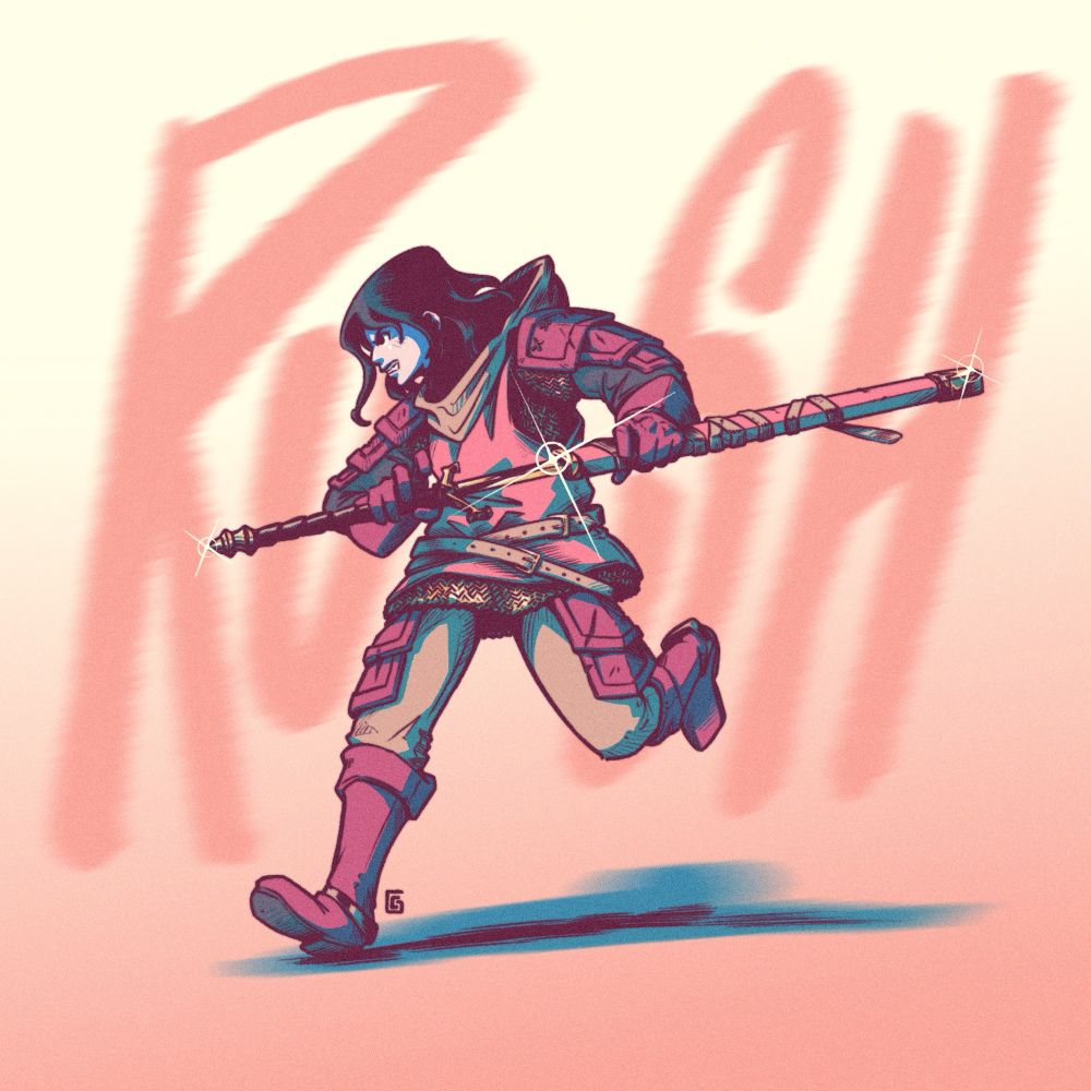 Digital drawing of a female knight running while unsheathing her two-handed sword. "RUSH" is written in the background