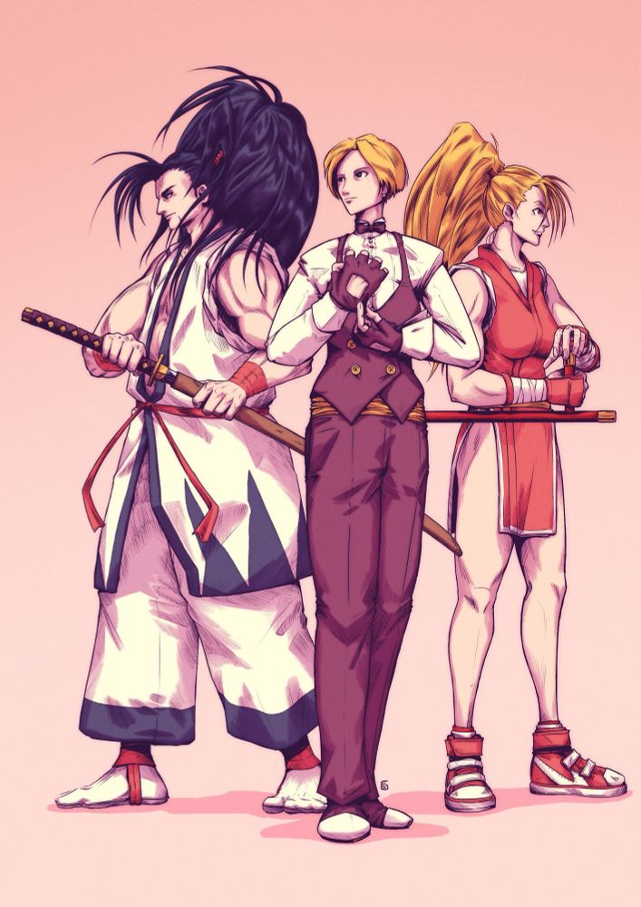 Digital drawing of Haohmaru, King and Maki from the game Capcom vs. Snk 2: Mark of the Millenium 2001 aka CvS2